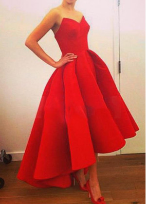 Red Satin High Low Pleated Evening Dress 